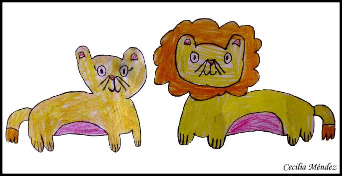 Imagen 2. Pareja de leones (Panthera leo leo). Dibujado por Cecilia Méndez (10 años) del colegio Pablo Picaso, Valladolid.